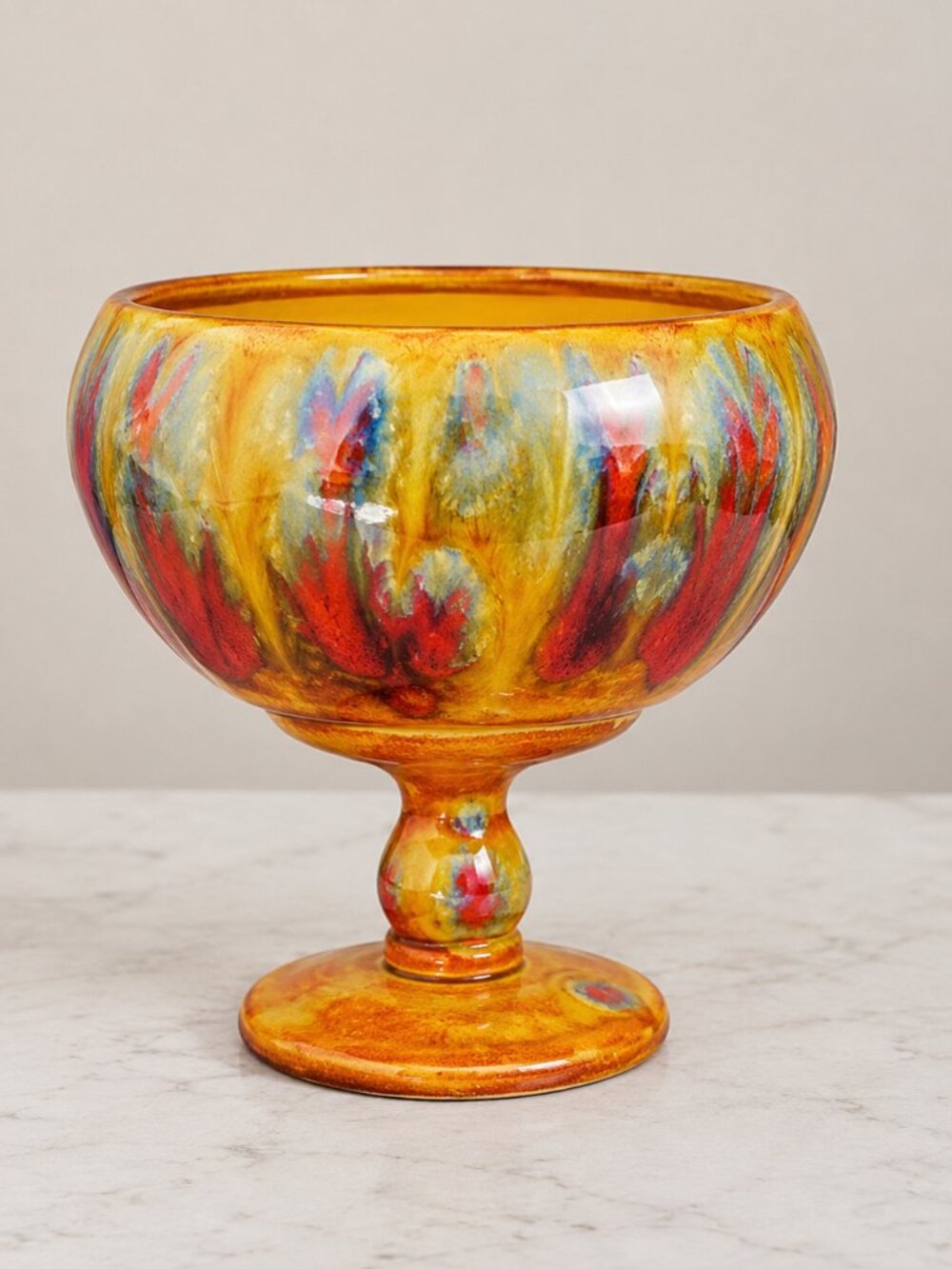 Vintage Handmade Ceramic Pedestal Bowl Colorful Glaze MCM Art Compote Dish 1970s